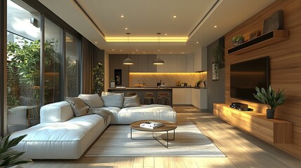 Modern open-plan living room with kitchen, large sectional sofa, and wood features.
