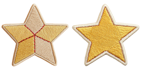 Two embroidered yellow star patches, showcasing distinct designs, one featuring lines and the other solid in color.