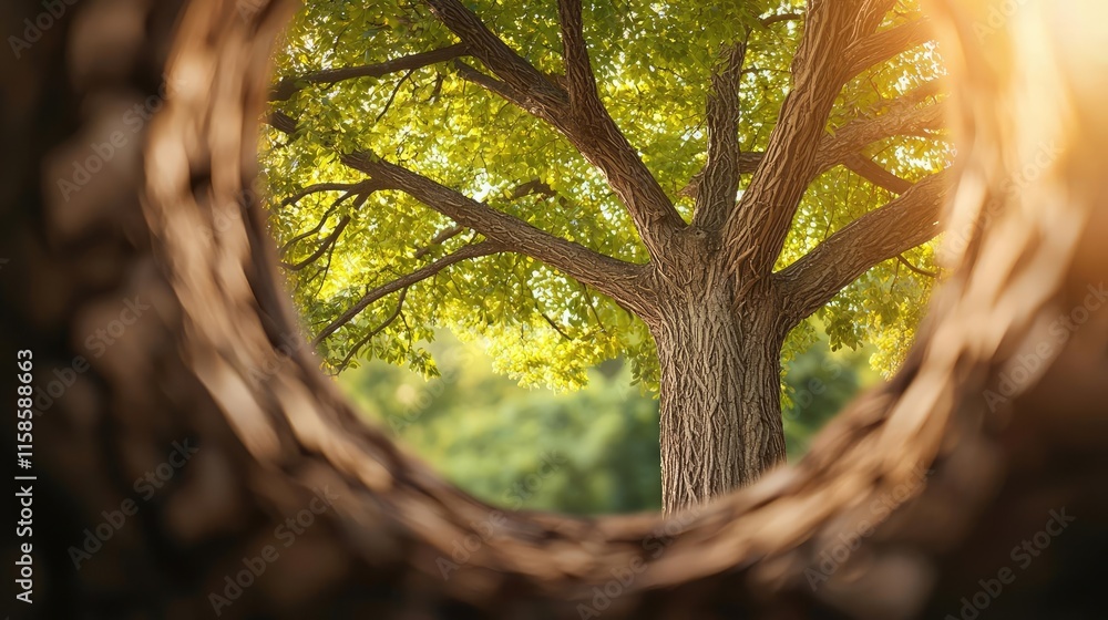 Poster plane tree abstract background idea. a serene view of a lush green tree through a wooden stump surro