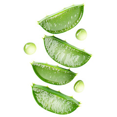 Fresh green aloe vera slices arranged vertically with small gel droplets, showcasing their natural texture and vibrant color.