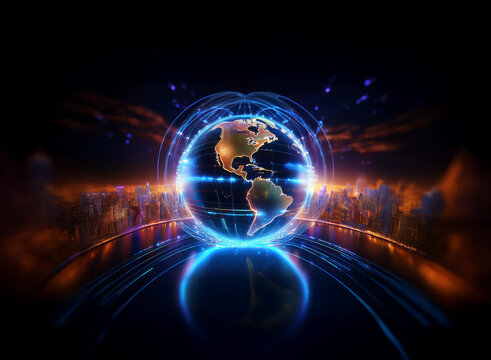 A glowing digital Earth, encircled by vibrant energy streams, reflects on a futuristic cityscape at sunset.  The image evokes global connectivity and technological advancement.