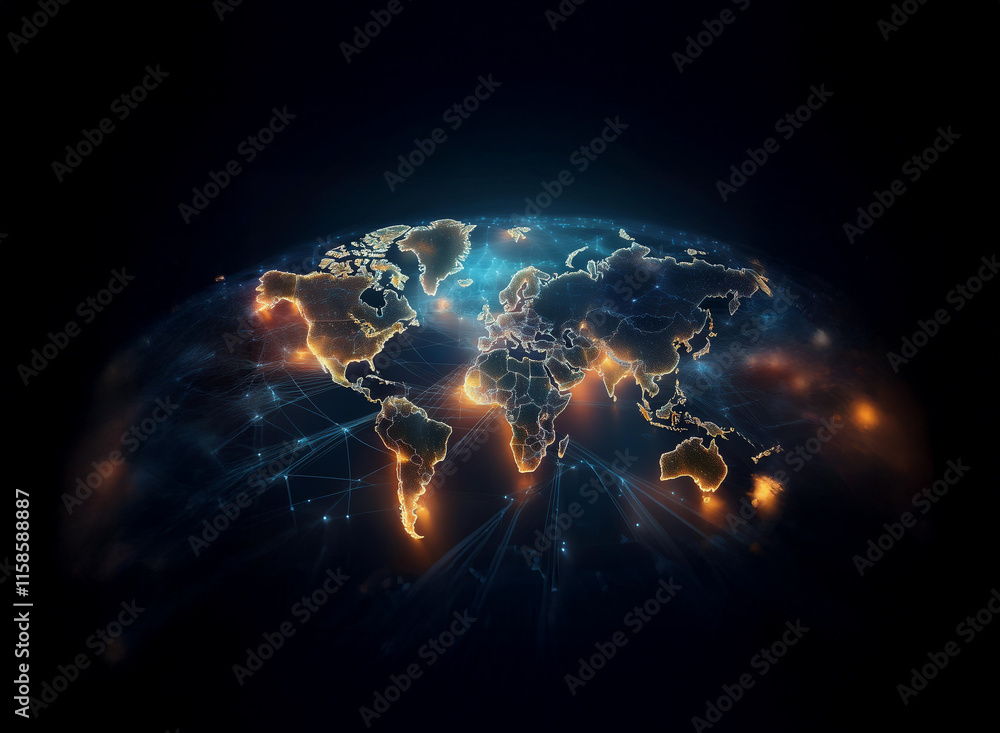 Poster a glowing, digital world map showcases global interconnectedness, illuminated by nodes and lines rep