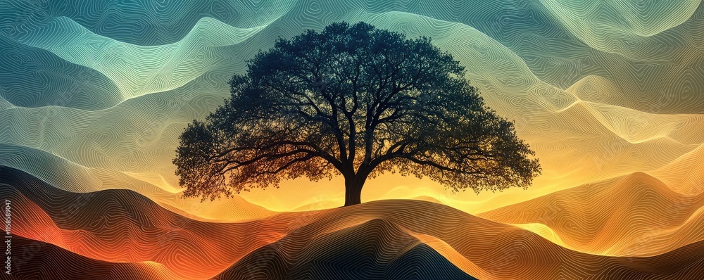 Poster plane tree abstract background idea. a silhouette of a majestic tree against an abstract colorful ba