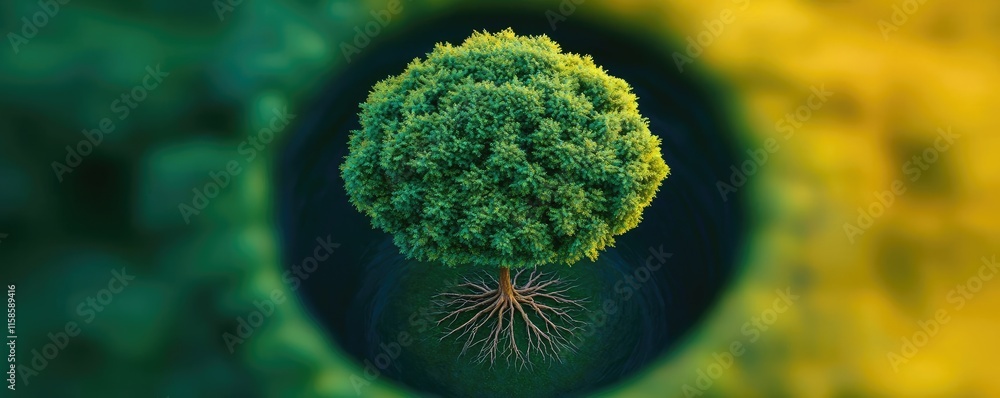 Poster Plane tree abstract background idea. Aerial view of a vibrant green tree with roots, showcasing nature's beauty.