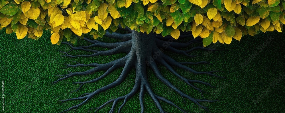 Poster Plane tree abstract background idea. Vibrant tree roots and leaves captured in a lush green environment.