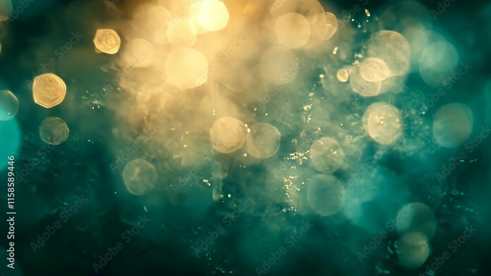 Poster bokeh background of golden and teal lights creates a dreamy atmosphere in a festive setting