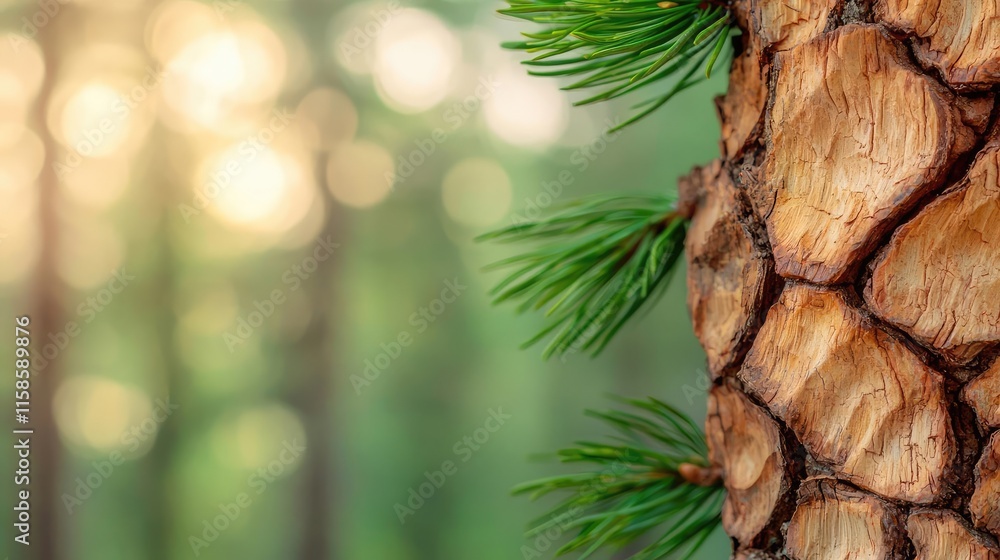 Poster Pine tree abstract background idea. Close-up view of a pine tree bark with fresh green needles in a serene forest setting.