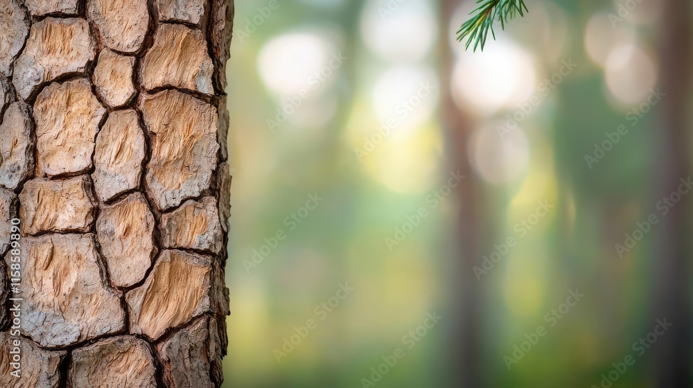 Poster Pine tree abstract background idea. Close-up of textured tree bark with a soft blurred forest background.