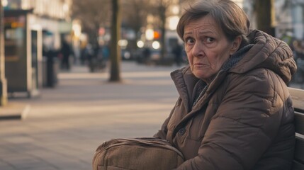 Fototapeta premium Elderly person standing alone, looking confused and uncertain, capturing the vulnerability and challenges faced by the aging population in modern society.