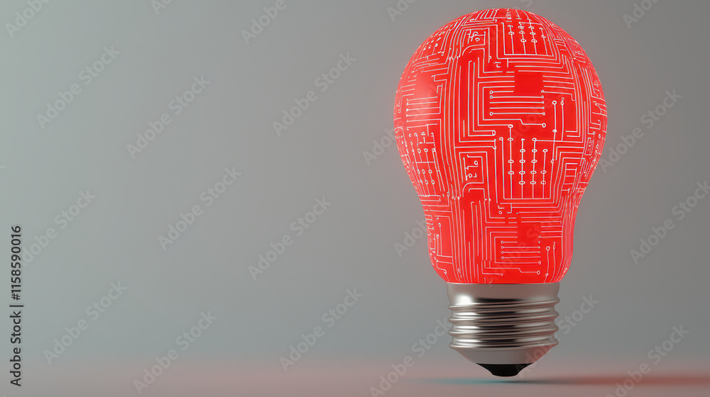 Poster red light bulb with circuit patterns, symbolizing technology and innovation