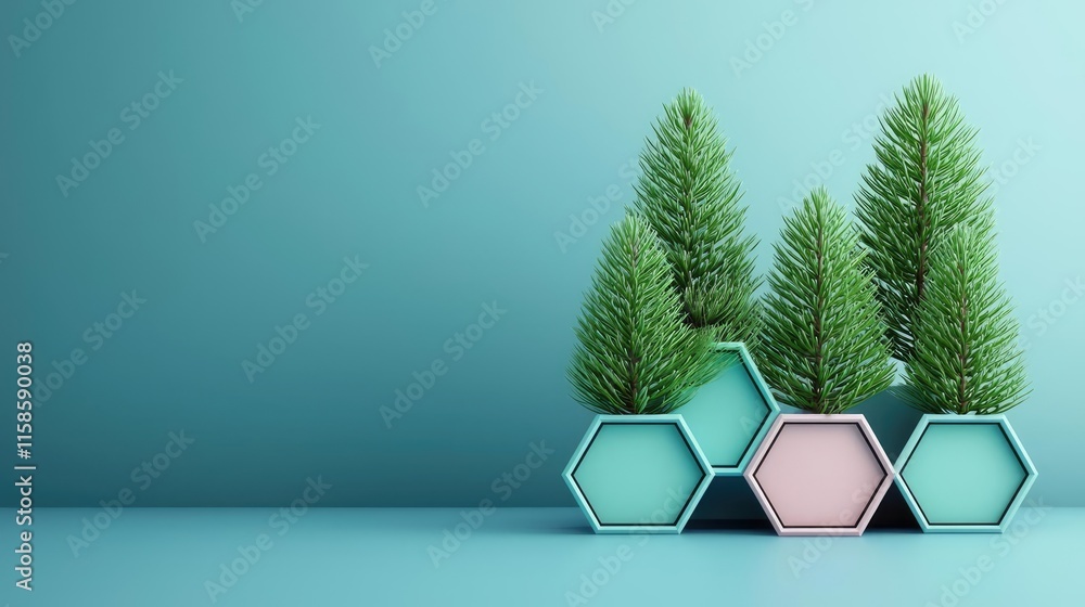 Poster Pine tree abstract background idea. Stylish hexagonal planters with lush greenery on a serene teal background.