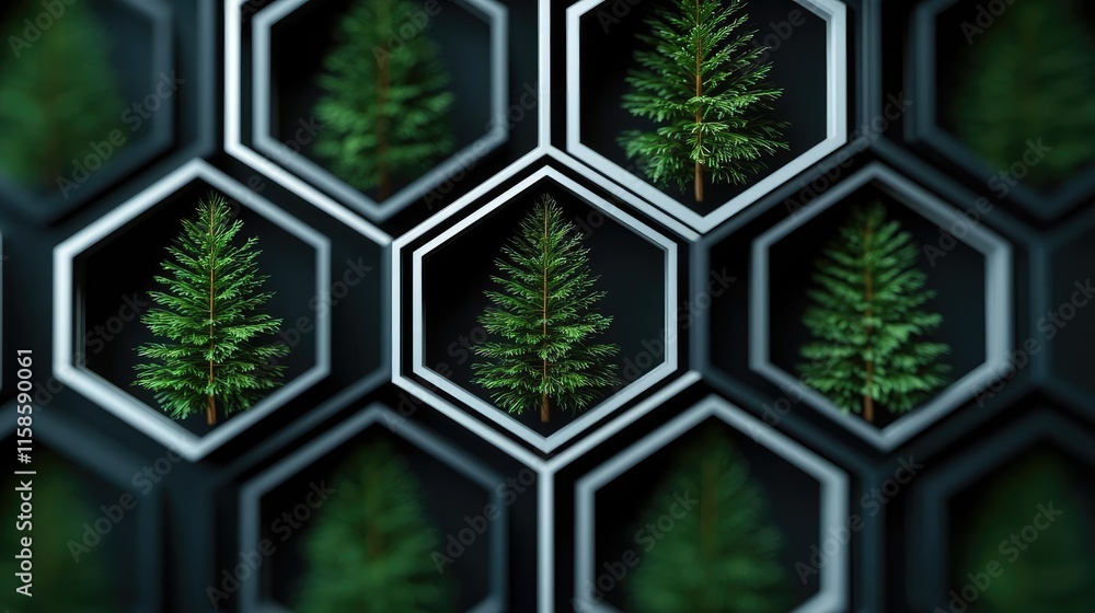 Poster Pine tree abstract background idea. A creative arrangement of trees in hexagonal shapes, showcasing modern design and nature.