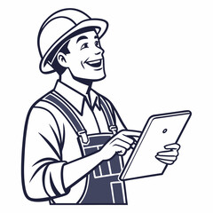 A happy worker with hard hat holding a tablet. Vector illustration.