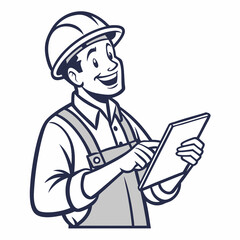 A happy worker with hard hat holding a tablet. Vector illustration.