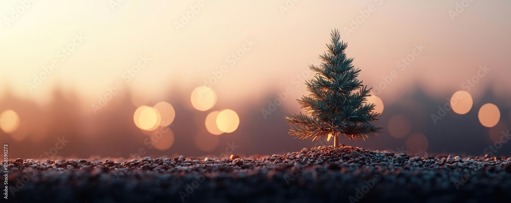 Aufkleber Pine tree abstract background idea. A small evergreen tree surrounded by soft bokeh, evoking a serene winter atmosphere.
