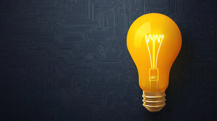 glowing yellow light bulb against dark circuit board background, symbolizing innovation and technology