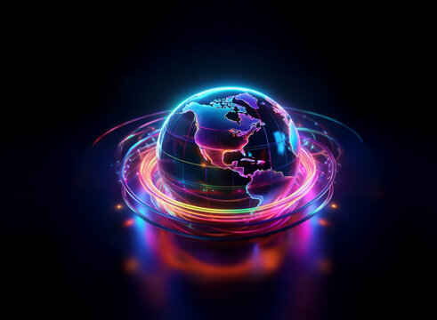 A vibrant, glowing orb depicting Earth, encircled by neon rings, floats in dark space. Its radiant energy suggests technological advancement and global connection.