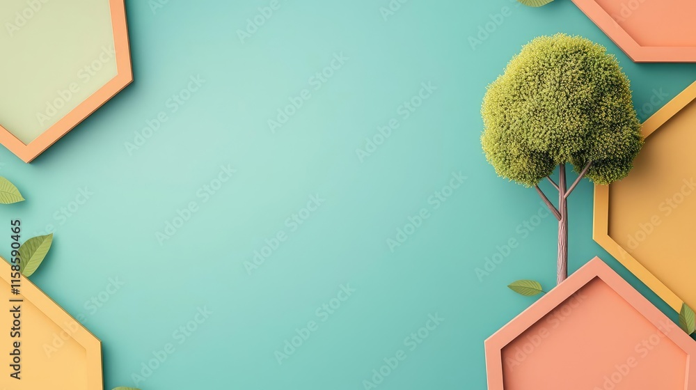 Poster Plane tree abstract background idea. Vibrant green tree with colorful geometric shapes on a soothing background.