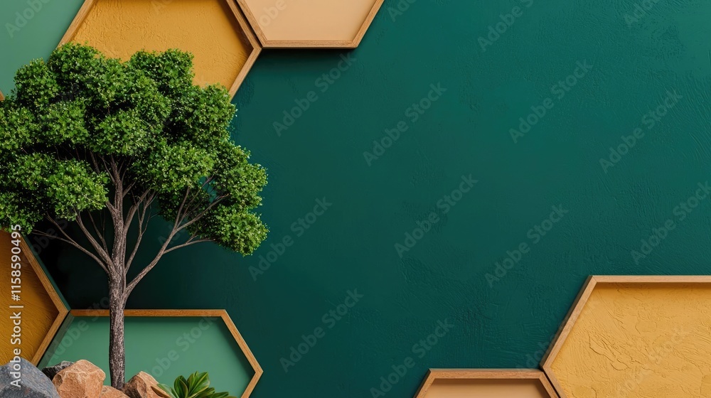 Aufkleber Plane tree abstract background idea. A modern interior featuring a tree against a colorful hexagonal wall design.
