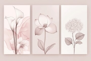 A modern vertical poster set with smoky line art showcasing three flowers a lotus, calla lily, and hydrangea against soft pink and ivory tones. 