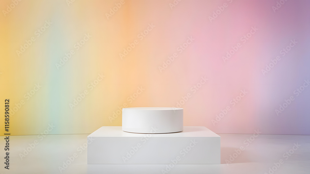 Poster minimalist display of white cylinder on colorful gradient background studio setting photography art 