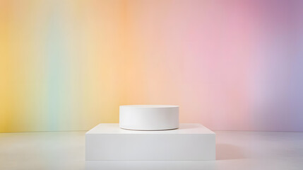 Minimalist display of white cylinder on colorful gradient background studio setting photography art clean aesthetic