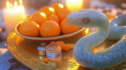 A detailed Chinese jade snake sculpture surrounded by New Year offerings like oranges, with golden...