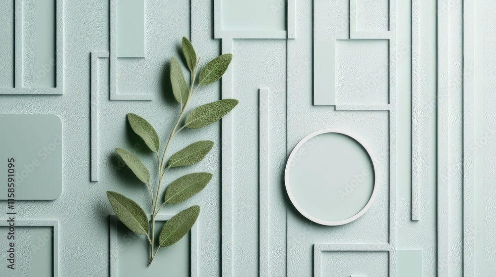 Poster sage leaves abstract background concept. minimalist composition of green leaves on a textured backgr