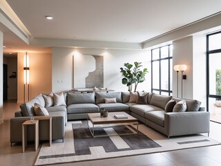 A stylish and contemporary living room with sleek, minimalist furniture and an open, airy layout.