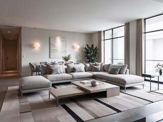 Fototapeta premium A stylish and contemporary living room with sleek, minimalist furniture and an open, airy layout.