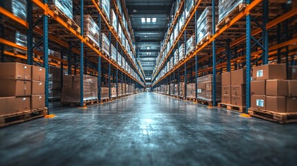 Fototapeta premium A vast retail warehouse filled with shelves stacked with goods in cardboard boxes and packages, devoid of people. It serves as a logistics, sorting, and distribution center for product delivery.