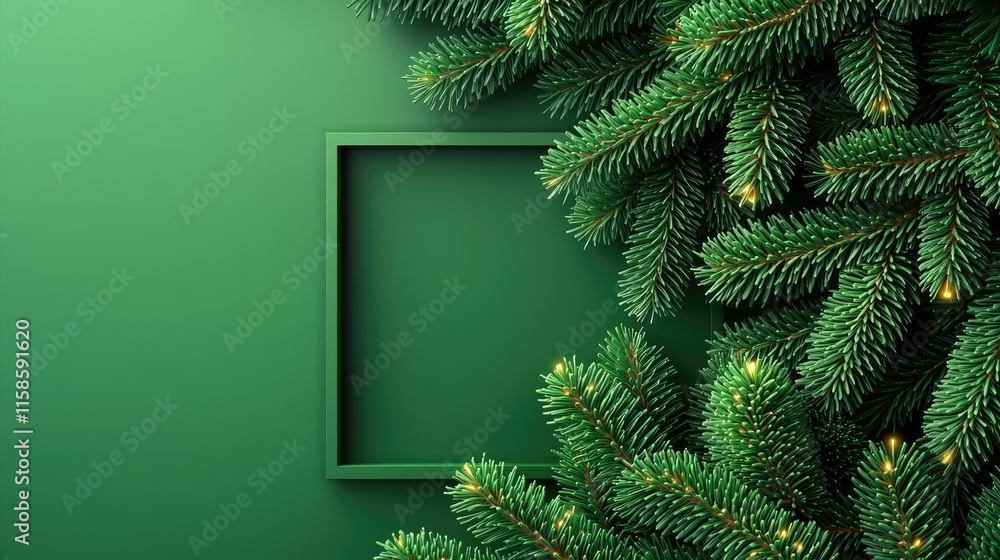 Poster Pine tree abstract background idea. A vibrant green backdrop featuring lush pine branches and a blank frame for customization.
