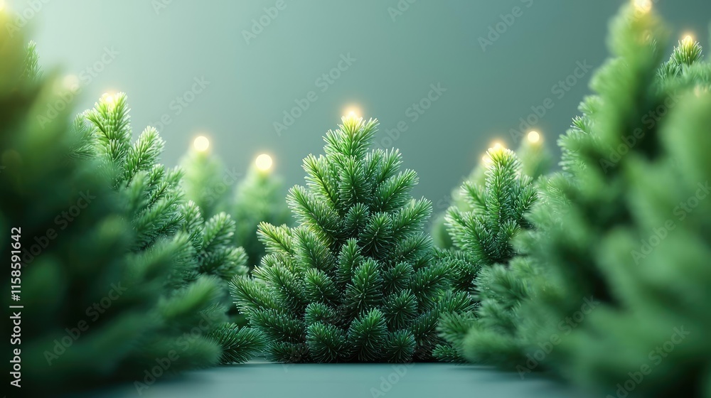 Aufkleber Pine tree abstract background idea. Lush green Christmas trees illuminated with soft lights create a festive atmosphere.