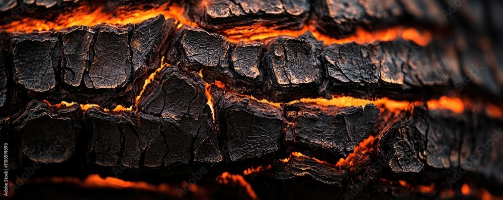Poster pine tree abstract background idea. charred wood texture with glowing embers showcasing the aftermat