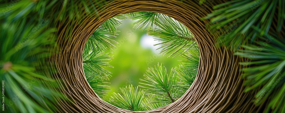 Poster Pine tree abstract background idea. A close-up view of a circular structure formed by intertwined branches and greenery.