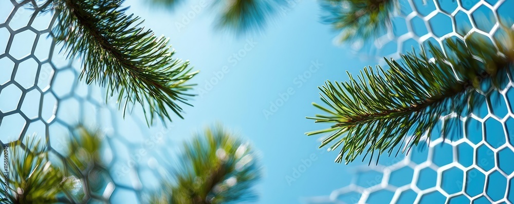Aufkleber Pine tree abstract background idea. Close-up view of pine branches against a honeycomb structure with a clear blue sky.