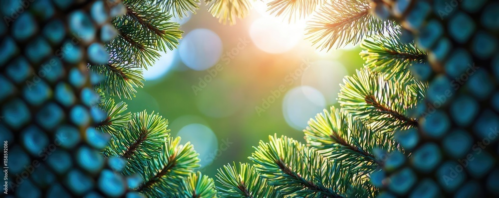 Poster Pine tree abstract background idea. A vibrant view through pine branches capturing sunlight in a serene nature setting.