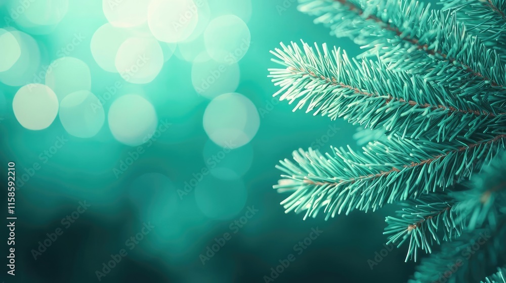 Poster Pine tree abstract background idea. Close-up of evergreen tree branches against a soft teal background with sparkling bokeh.