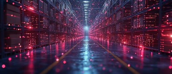 Fototapeta premium Cutting-edge technology in modern retail warehouses improves product delivery, information logistics, and distribution center operations.