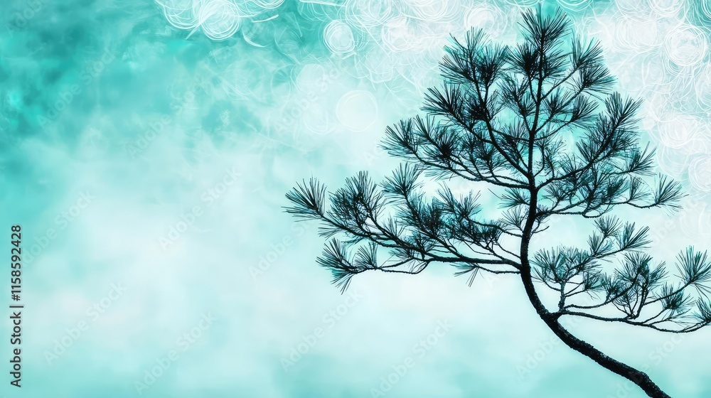 Poster pine tree abstract background idea. a serene tree silhouette against a dreamy teal background, evoki