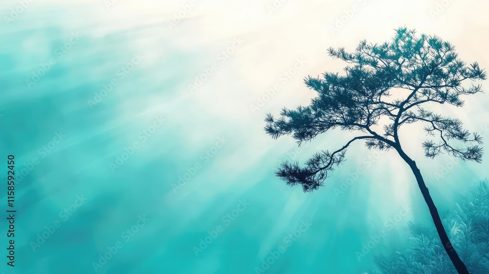 Poster pine tree abstract background idea. a serene tree silhouette against a dreamy, misty backdrop of sof