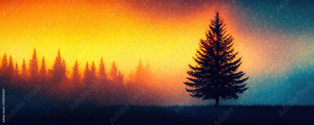 Poster pine tree abstract background idea. a vibrant sunset landscape featuring a solitary tree surrounded 