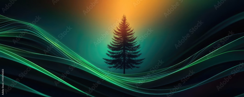 Poster pine tree abstract background idea. a solitary tree silhouette against vibrant waves and a glowing s