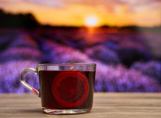 Mulled wine by the lavender field at sunset