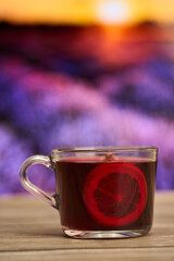 Mulled wine by the lavender field at sunset