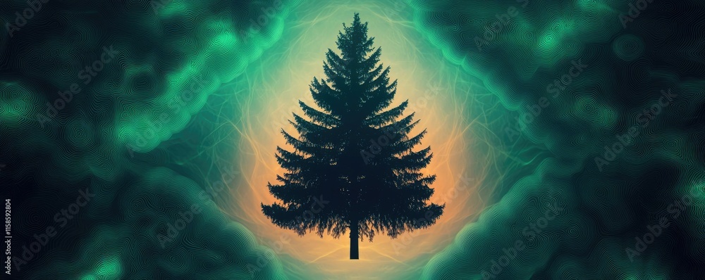 Poster Pine tree abstract background idea. A majestic pine tree surrounded by a mystical, colorful background.