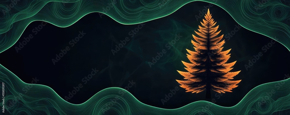 Poster pine tree abstract background idea. a solitary pine tree with a glowing appearance against a dark, a