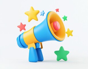 A 3D render of a customer review featuring five stars in a speech bubble emerging from a loudspeaker, representing a positive client experience. This concept highlights customer opinions and