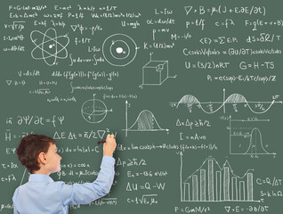 Schoolboy writing complicated formulas on a board