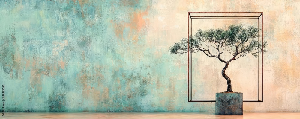 Poster Pine tree abstract background idea. A minimalist bonsai tree displayed in a decorative frame against a textured wall.